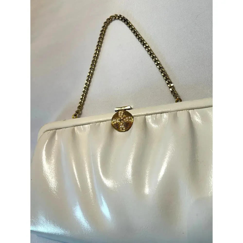 Vintage 60s/70s White Leather Clutch With Gold Chain And Accents